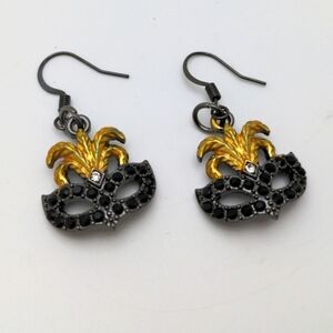 Gold Black Masquerade Mask Charm Earrings